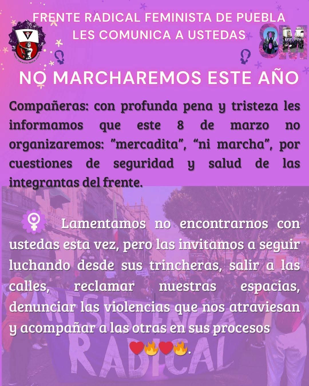 Colectivas cancelan participación en marcha del 8M en Puebla, por razones de seguridad