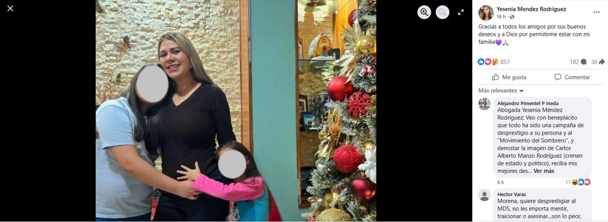 Captura de pantalla del post de Yesenia Méndez, tras su liberación