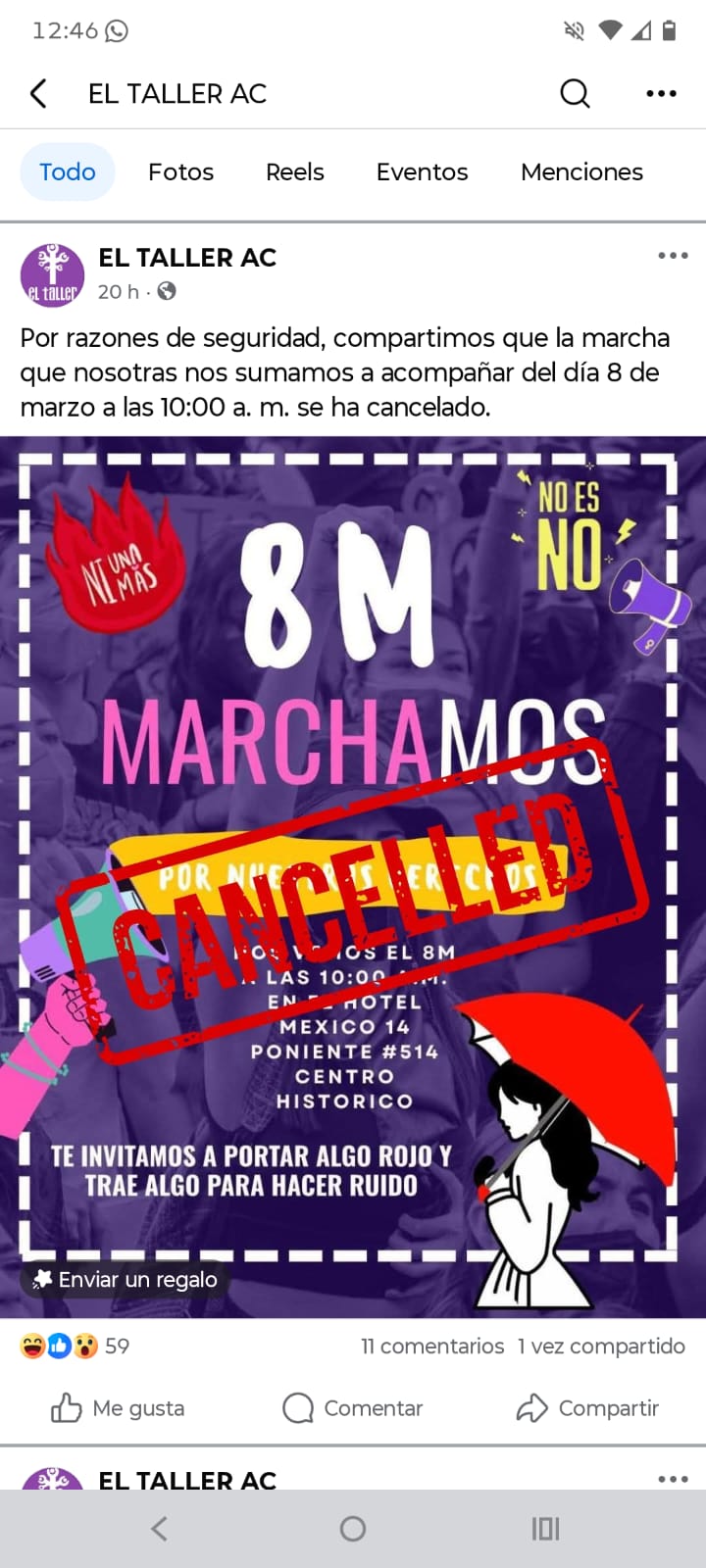 El Taller AC también canceló su participación en la marcha del 8M en Puebla, por razones de seguridad
