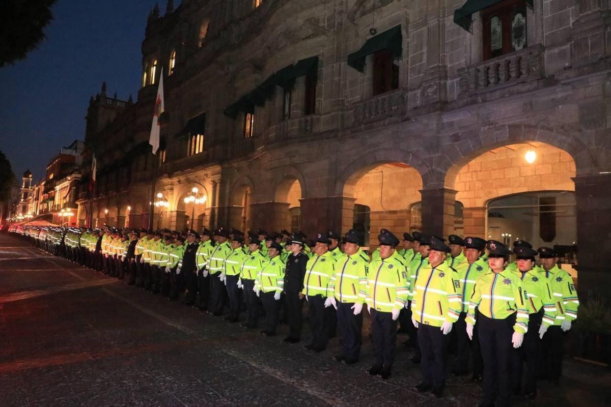 Elementos de la Secretaría de Seguridad Ciudadana, durante el último pase de lista de la administración 2021-2024