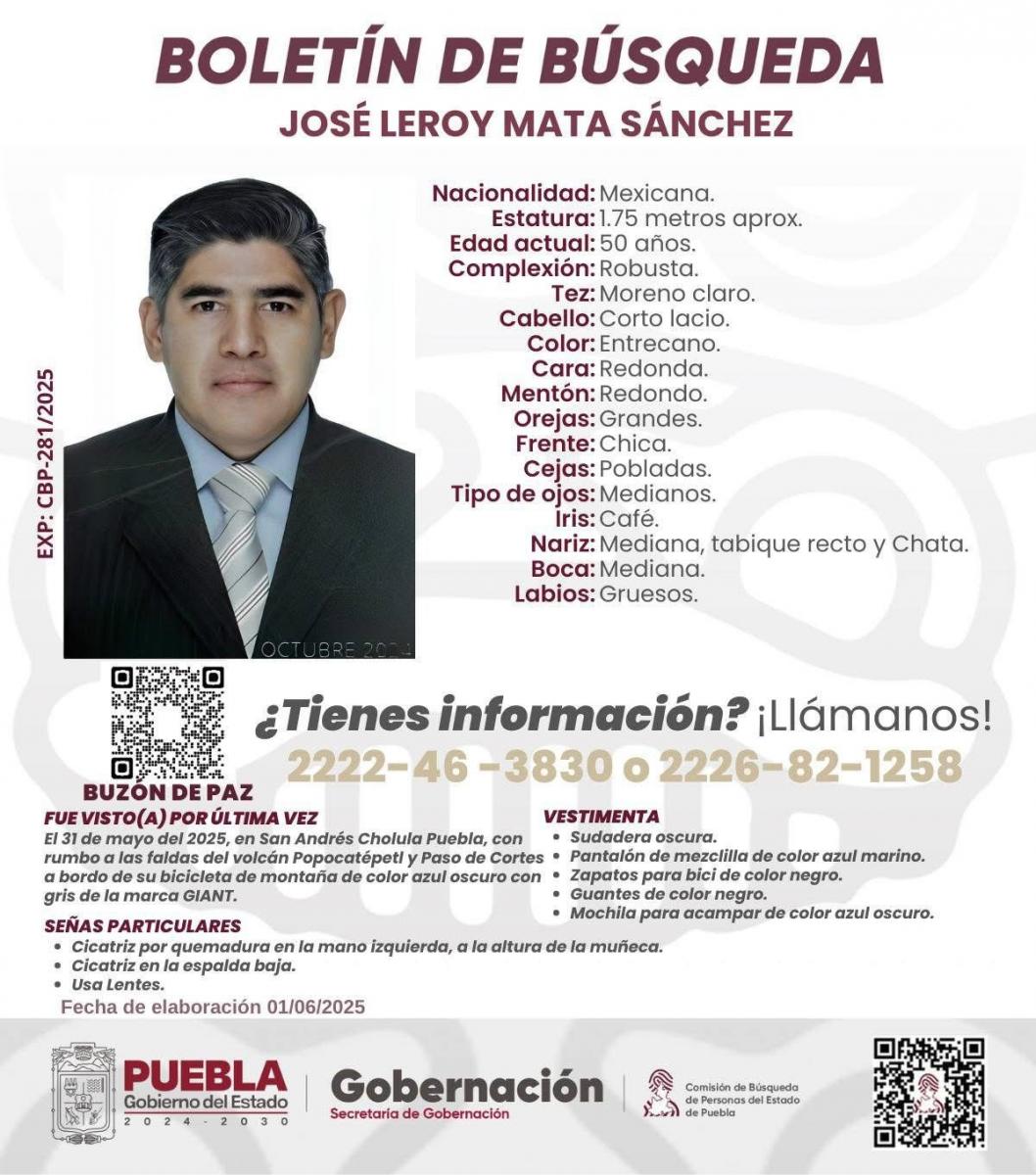 Emiten ficha de búsqueda para localizar a ciclista desaparecido en Cholula