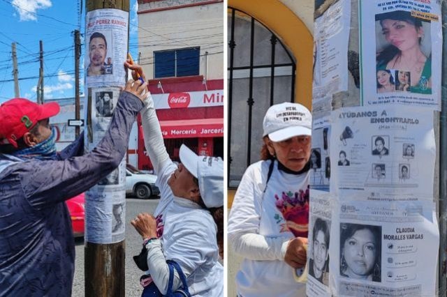 Activistas colocando fotografías de víctimas de desaparición