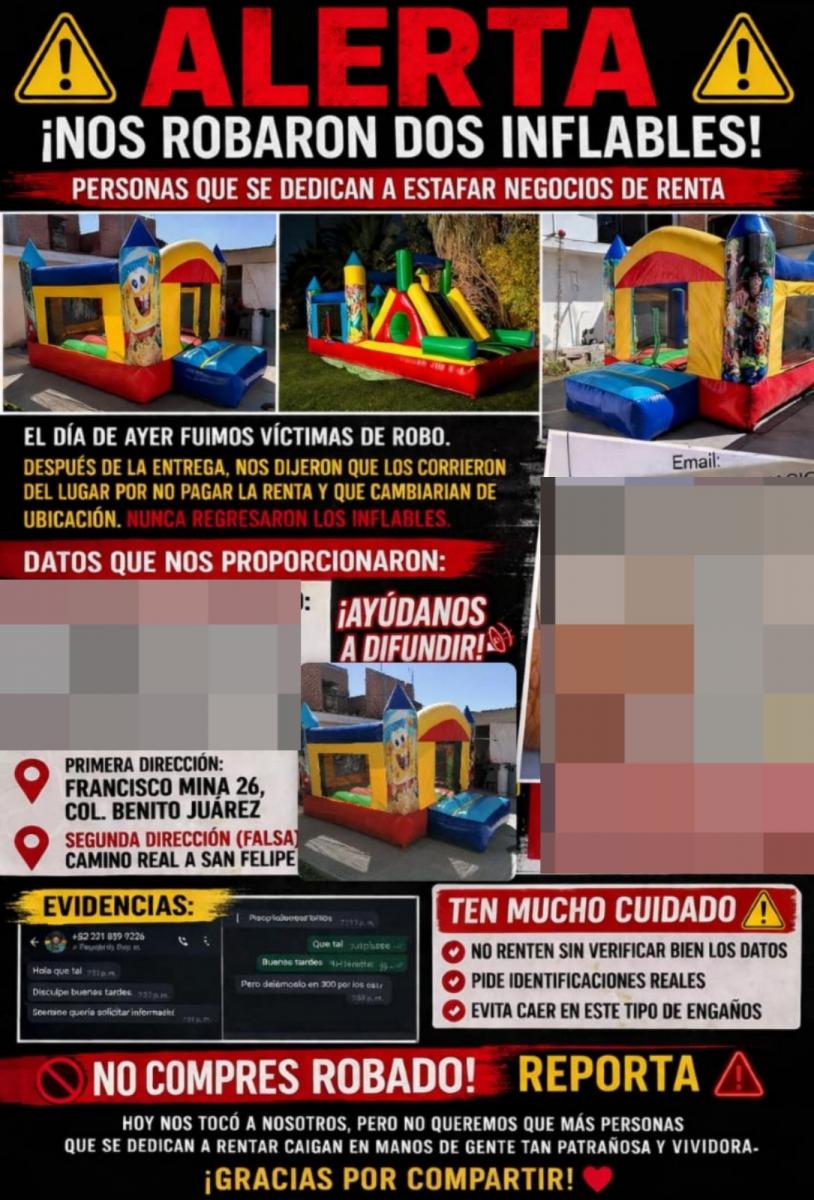 Hasta los inflables se roban; denuncian estafa y robo de equipo de fiesta