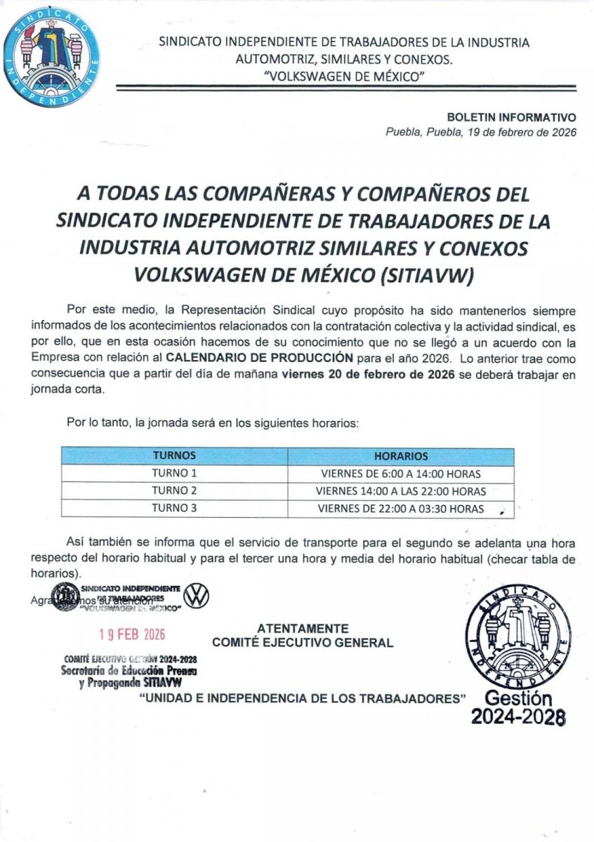 SITIAVW no logra acuerdo con Volkswagen para calendario laboral 2026