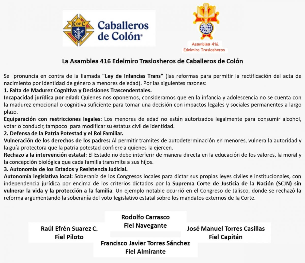 Caballeros de Colón en Puebla se pronuncian vs Ley de Infancias Trans