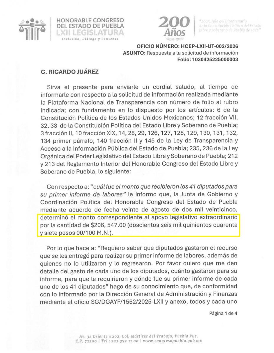 Solicitud de información de gastos de informe de diputados del Congreso del Estado