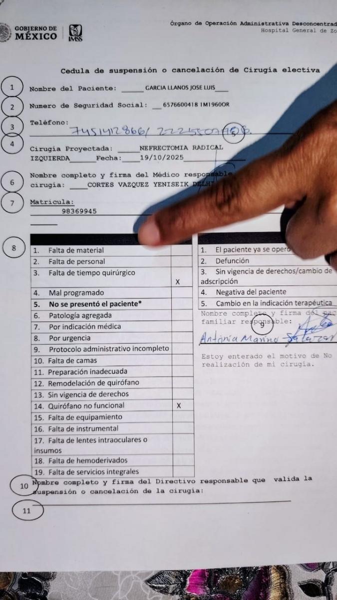 Documento donde el IMSS le canceló la operación por falta de cirujano