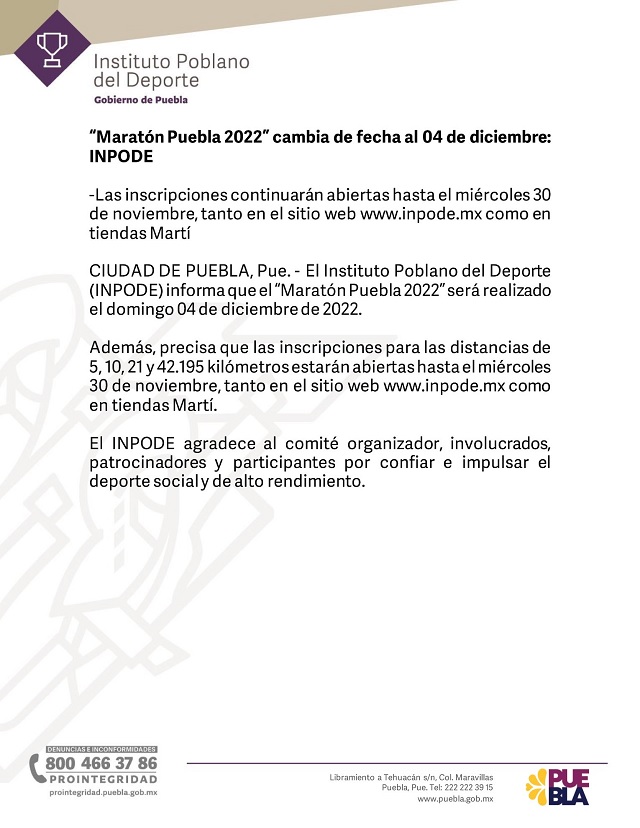 INPODE cambia fecha al Maratón de Puebla 2022