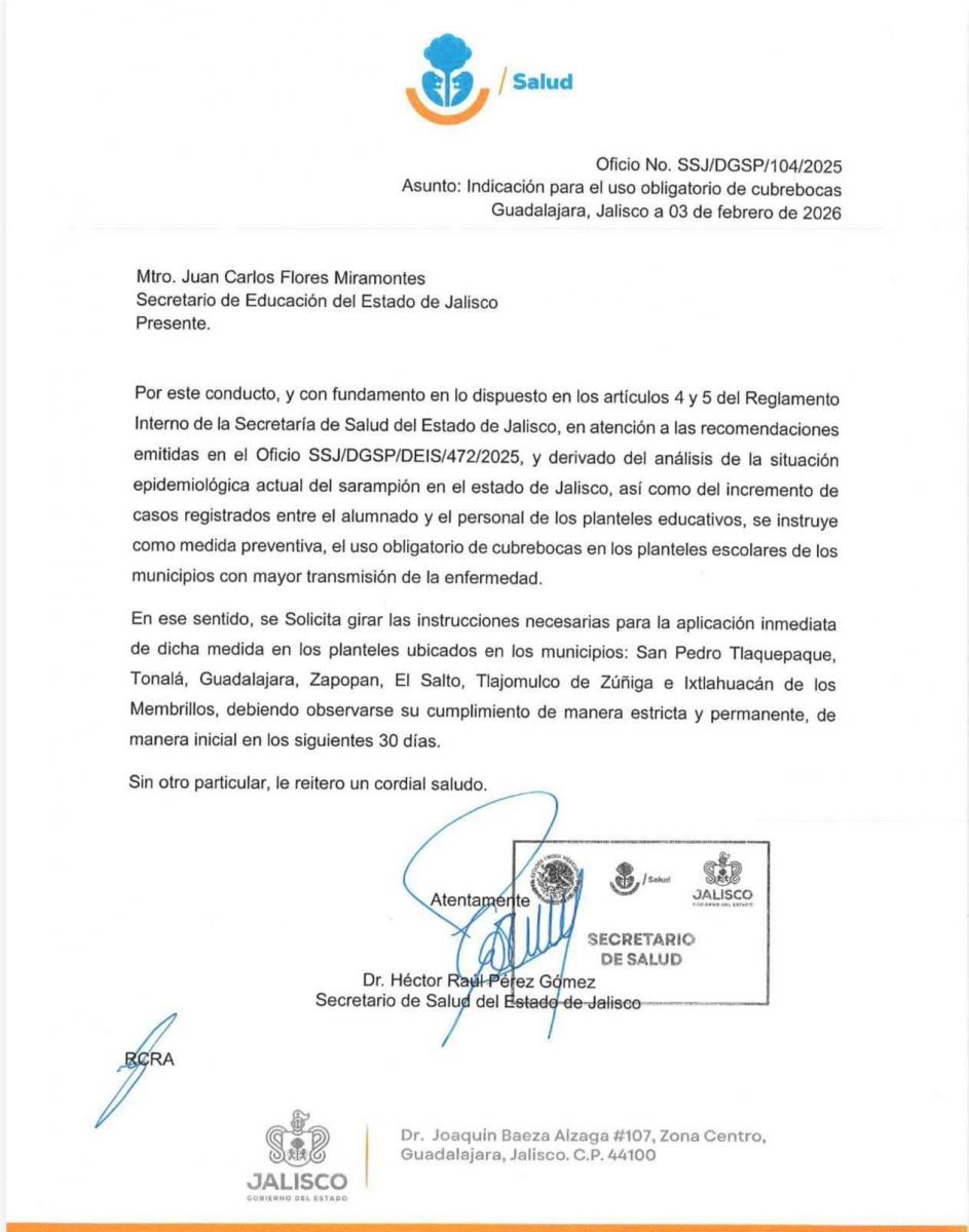 Debido al número de contagios de sarampión, la Secretaría de Salud de Jalisco ordenó el uso obligatorio de cubrebocas en escuelas de nivel básico