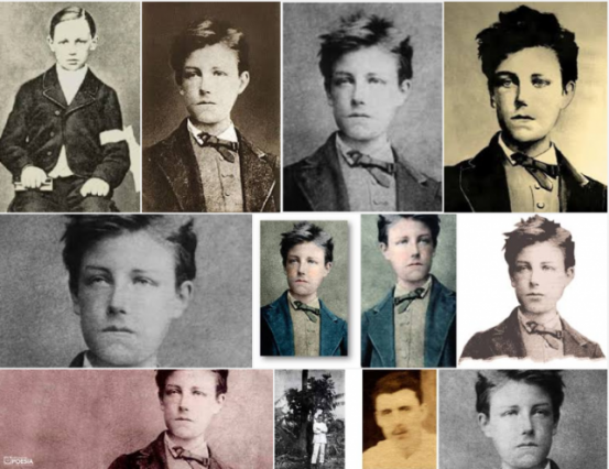 Hermoso collage de fotos de Rimbaud,  la expresividad de su rostro, en blanco y negro, no reclama la pirotecnia del color