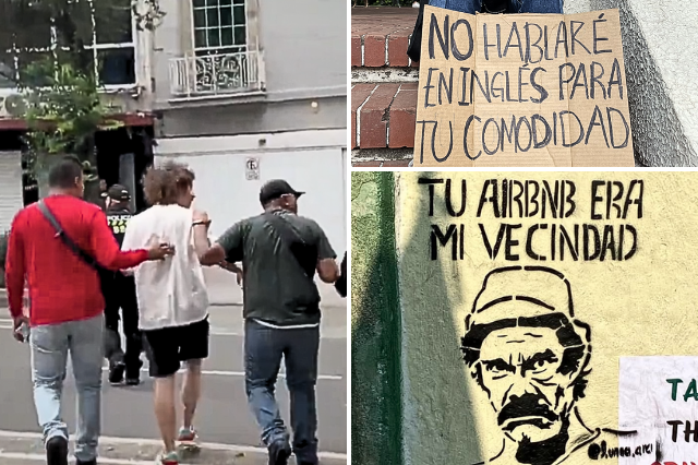 Luisito Comunica siendo escoltado lejos de la Marcha contra la Gentrificación de CDMX y carteles de los contingentes