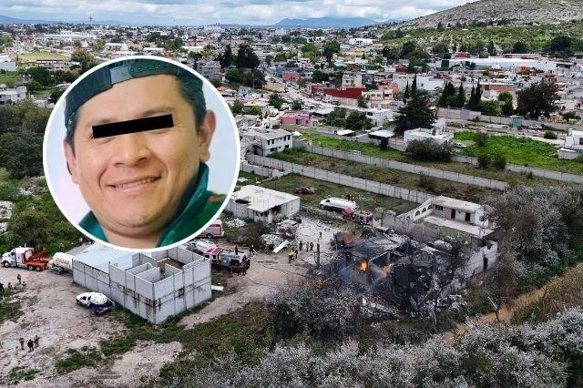 Imagen aérea de explosión con foto de sujeto detenido al frente  