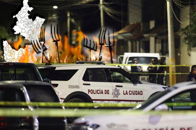 Patrulla estacionada con mapa de Puebla al fondo 