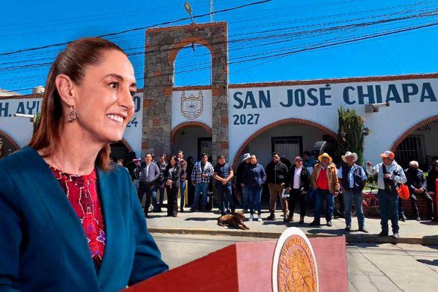 La presidenta Claudia Sheinbaum frente al Ayuntamiento de San José Chiapa