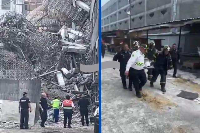 Imágenes de edificio colapsado con personal auxiliando a heridos 