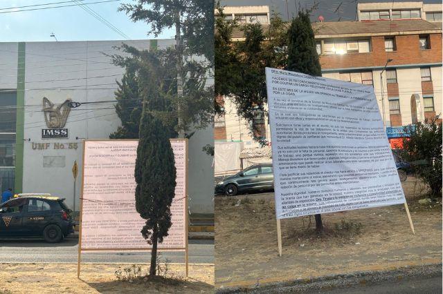 Colocan mantas con denuncias afuera del IMSS Amalucan