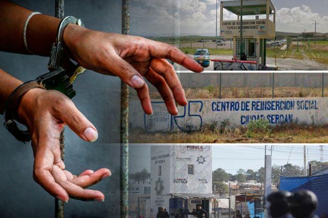 Fachada de cárcel con manos esposadas al frente 