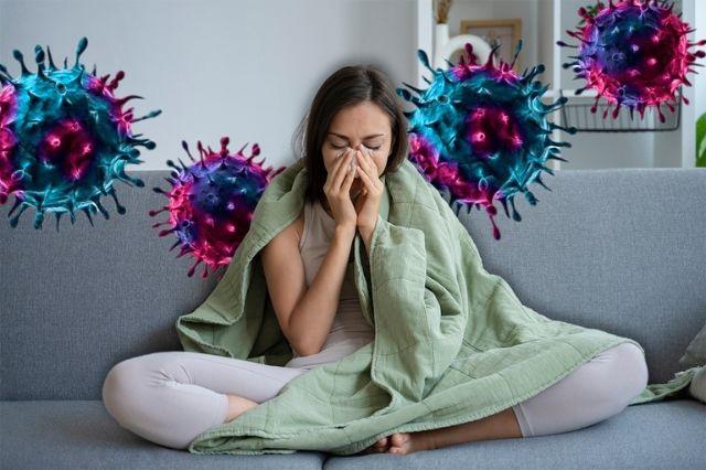 En la gráfica, aspectos de un virus y al centro una persona se limpia la nariz