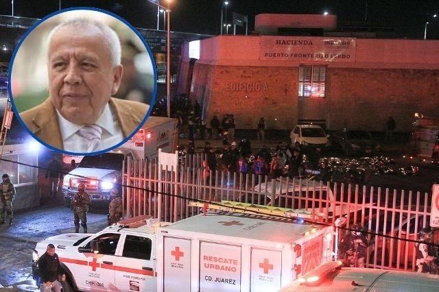 En la gráfica, en el recuadro, Francisco Garduño, exdirector del INM y de fondo la estación migratoria de Juárez que se incendió