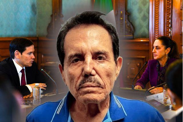 El Mayo Zambada al centro; Marco Rubio, a la derecha; Claudia Sheinbaum, a la izquierda