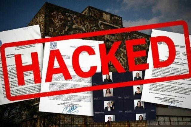 Al fondo, la UNAM, documentos oficiales y un sello de hackeo, en inglés