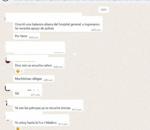 Mensaje de WhatsApp de testigo que estuvo dentro del Hospital Gonzalo Río Arronte, durante la balacera