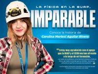 alumna de la BUAP junto a anuncio 