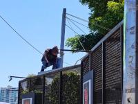 Trabajadores arreglando área de palapas en FCCOM