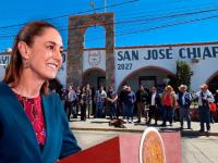 La presidenta Claudia Sheinbaum frente al Ayuntamiento de San José Chiapa