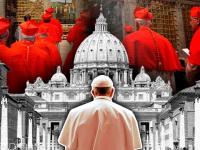 Aspecto de cardenales en un cónclave, el Vaticano y el papa Francisco al centro