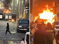 Patrulla volcada y Ayuntamiento incendiado en Acatzingo 