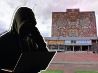 Fachada de la Biblioteca Central de la UNAM con hacker al frente 