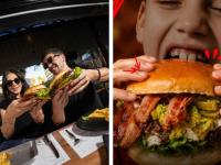 Personas comiendo hamburguesas en Hudson Burgers 