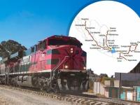 Tren con mapa de rutas ferroviarias de México 