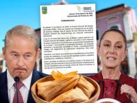 Embajador de Estados Unidos y Claudia Sheinbaum con comunicado y plato con tamales al frente 